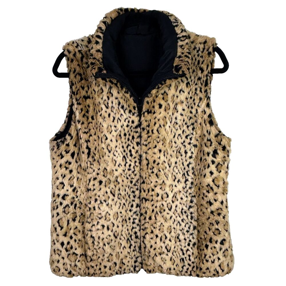 Kristen Blake Faux Fur Reversible Vest Leopard Cheetah Animal Print & Black S